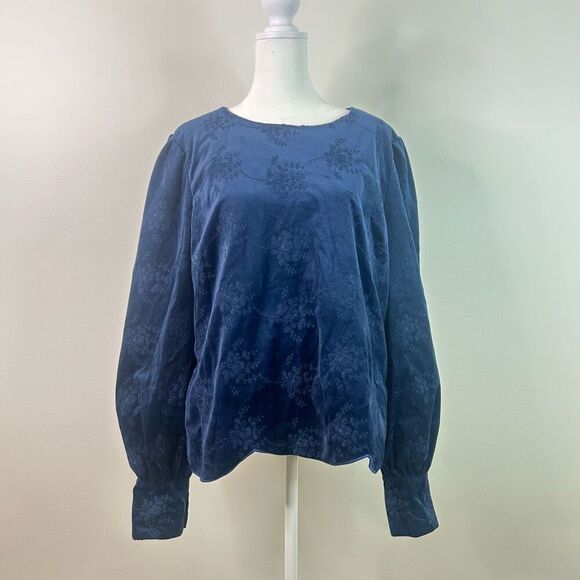 Soft Surroundings Navy Blue Velvet Floral Blouse L Long Sleeve Embossed Texture - Picture 1 of 13
